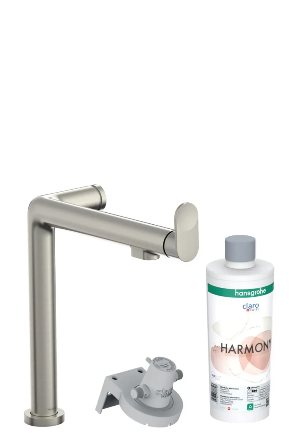 Edelstahl-Wasserhahn von Hansgrohe, mit einem integrierten Filtersystem und einer dazugehörigen Flasche mit Harmonie-Filtermittel, kombiniert in einem Starter-Set.